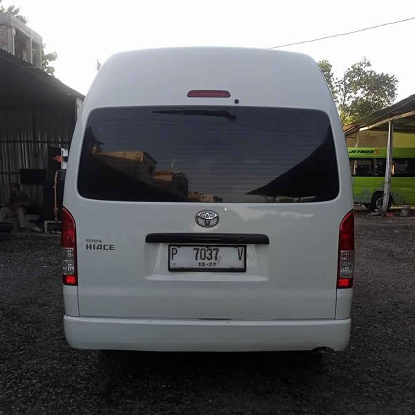 Back view Toyota Hiace 14 seater passenger van for Ngurah Rai International Airport (DPS) Denpasar, Bali Airport Transfer to Juanda Airport (SUB) Surabaya, East Java, Car and Van Charter